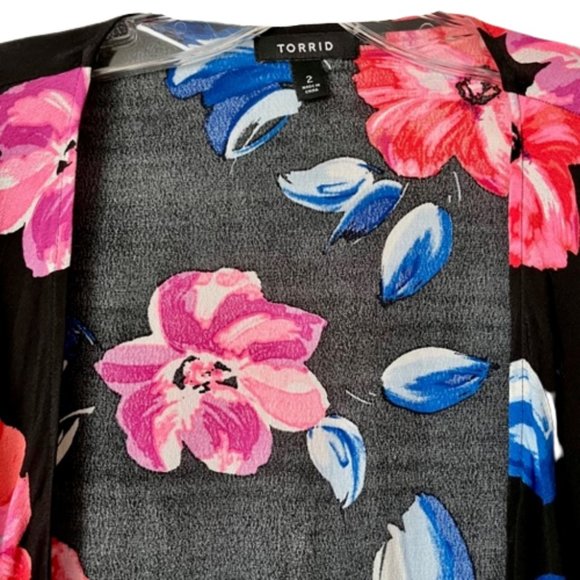 Torrid Open Floral Fringed Cardigan Roll Tab Sleeves - 2X - Picture 5 of 11
